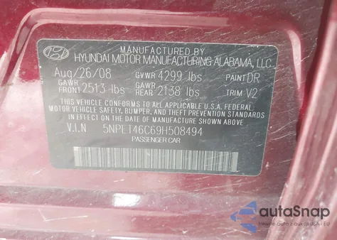 2009 Hyundai Sonata Gls из США, поврежденный, VIN 5NPET46C69H508494